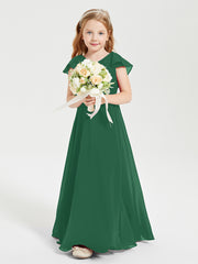 Delicate Chiffon Junior Bridesmaid Gown Flutter Sleeves V-neck Dark Green