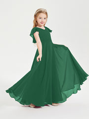 Delicate Chiffon Junior Bridesmaid Gown Flutter Sleeves V-neck Dark Green