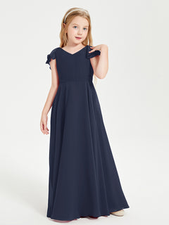 Delicate Chiffon Junior Bridesmaid Gown Flutter Sleeves V-neck Dark Navy