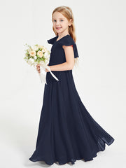 Delicate Chiffon Junior Bridesmaid Gown Flutter Sleeves V-neck Dark Navy