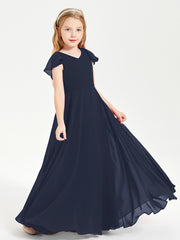 Delicate Chiffon Junior Bridesmaid Gown Flutter Sleeves V-neck Dark Navy