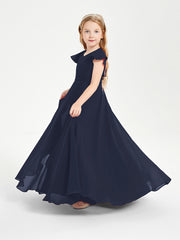 Delicate Chiffon Junior Bridesmaid Gown Flutter Sleeves V-neck Dark Navy
