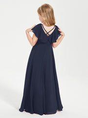 Delicate Chiffon Junior Bridesmaid Gown Flutter Sleeves V-neck Dark Navy