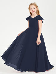 Delicate Chiffon Junior Bridesmaid Gown Flutter Sleeves V-neck Dark Navy