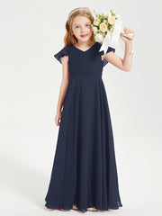 Delicate Chiffon Junior Bridesmaid Gown Flutter Sleeves V-neck Dark Navy