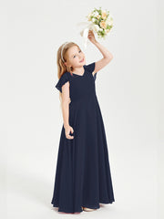 Delicate Chiffon Junior Bridesmaid Gown Flutter Sleeves V-neck Dark Navy