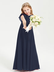 Delicate Chiffon Junior Bridesmaid Gown Flutter Sleeves V-neck Dark Navy