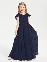 Delicate Chiffon Junior Bridesmaid Gown Flutter Sleeves V-neck Dark Navy