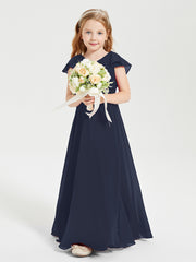 Delicate Chiffon Junior Bridesmaid Gown Flutter Sleeves V-neck Dark Navy