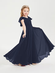 Delicate Chiffon Junior Bridesmaid Gown Flutter Sleeves V-neck Dark Navy