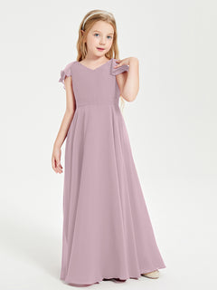 Delicate Chiffon Junior Bridesmaid Gown Flutter Sleeves V-neck Dusk