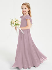 Delicate Chiffon Junior Bridesmaid Gown Flutter Sleeves V-neck Dusk