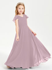 Delicate Chiffon Junior Bridesmaid Gown Flutter Sleeves V-neck Dusk