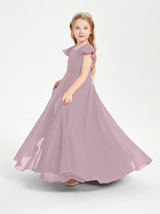 Delicate Chiffon Junior Bridesmaid Gown Flutter Sleeves V-neck Dusk