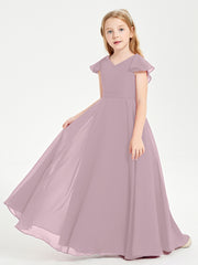 Delicate Chiffon Junior Bridesmaid Gown Flutter Sleeves V-neck Dusk