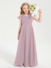 Delicate Chiffon Junior Bridesmaid Gown Flutter Sleeves V-neck Dusk