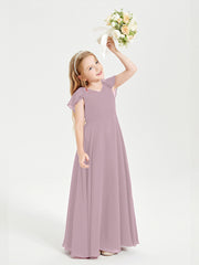 Delicate Chiffon Junior Bridesmaid Gown Flutter Sleeves V-neck Dusk