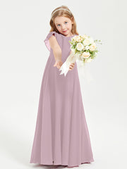 Delicate Chiffon Junior Bridesmaid Gown Flutter Sleeves V-neck Dusk