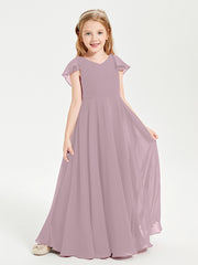 Delicate Chiffon Junior Bridesmaid Gown Flutter Sleeves V-neck Dusk