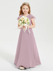 Delicate Chiffon Junior Bridesmaid Gown Flutter Sleeves V-neck Dusk