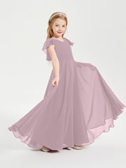 Delicate Chiffon Junior Bridesmaid Gown Flutter Sleeves V-neck Dusk