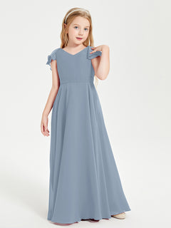 Delicate Chiffon Junior Bridesmaid Gown Flutter Sleeves V-neck Dusty Blue