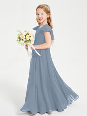 Delicate Chiffon Junior Bridesmaid Gown Flutter Sleeves V-neck Dusty Blue