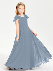 Delicate Chiffon Junior Bridesmaid Gown Flutter Sleeves V-neck Dusty Blue