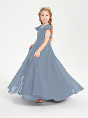 Delicate Chiffon Junior Bridesmaid Gown Flutter Sleeves V-neck Dusty Blue