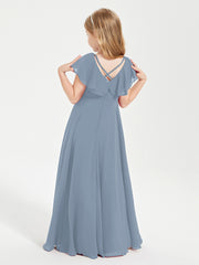 Delicate Chiffon Junior Bridesmaid Gown Flutter Sleeves V-neck Dusty Blue