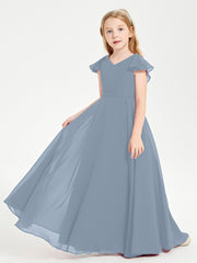 Delicate Chiffon Junior Bridesmaid Gown Flutter Sleeves V-neck Dusty Blue