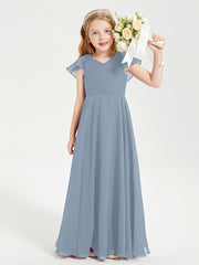 Delicate Chiffon Junior Bridesmaid Gown Flutter Sleeves V-neck Dusty Blue