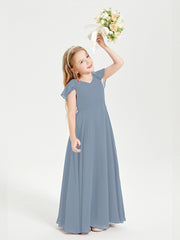 Delicate Chiffon Junior Bridesmaid Gown Flutter Sleeves V-neck Dusty Blue