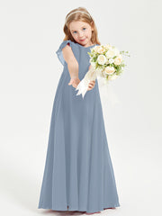 Delicate Chiffon Junior Bridesmaid Gown Flutter Sleeves V-neck Dusty Blue