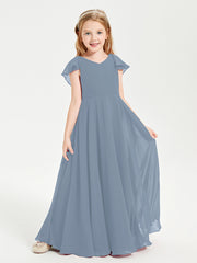 Delicate Chiffon Junior Bridesmaid Gown Flutter Sleeves V-neck Dusty Blue