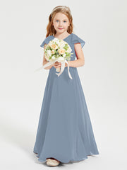 Delicate Chiffon Junior Bridesmaid Gown Flutter Sleeves V-neck Dusty Blue