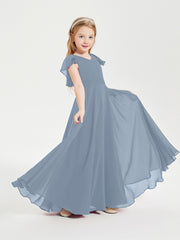 Delicate Chiffon Junior Bridesmaid Gown Flutter Sleeves V-neck Dusty Blue