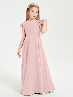 Delicate Chiffon Junior Bridesmaid Gown Flutter Sleeves V-neck Dusty Rose