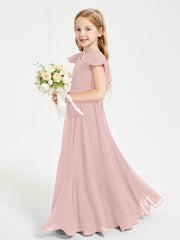 Delicate Chiffon Junior Bridesmaid Gown Flutter Sleeves V-neck Dusty Rose