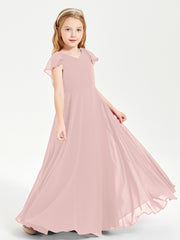 Delicate Chiffon Junior Bridesmaid Gown Flutter Sleeves V-neck Dusty Rose