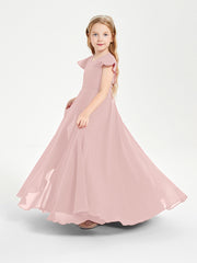 Delicate Chiffon Junior Bridesmaid Gown Flutter Sleeves V-neck Dusty Rose