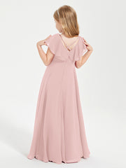 Delicate Chiffon Junior Bridesmaid Gown Flutter Sleeves V-neck Dusty Rose