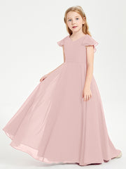 Delicate Chiffon Junior Bridesmaid Gown Flutter Sleeves V-neck Dusty Rose