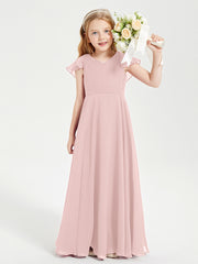 Delicate Chiffon Junior Bridesmaid Gown Flutter Sleeves V-neck Dusty Rose