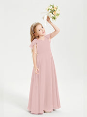 Delicate Chiffon Junior Bridesmaid Gown Flutter Sleeves V-neck Dusty Rose