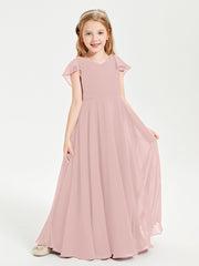 Delicate Chiffon Junior Bridesmaid Gown Flutter Sleeves V-neck Dusty Rose