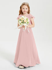 Delicate Chiffon Junior Bridesmaid Gown Flutter Sleeves V-neck Dusty Rose
