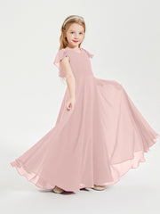 Delicate Chiffon Junior Bridesmaid Gown Flutter Sleeves V-neck Dusty Rose