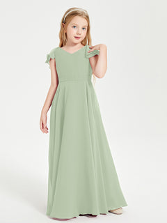 Delicate Chiffon Junior Bridesmaid Gown Flutter Sleeves V-neck Dusty Sage