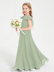 Delicate Chiffon Junior Bridesmaid Gown Flutter Sleeves V-neck Dusty Sage